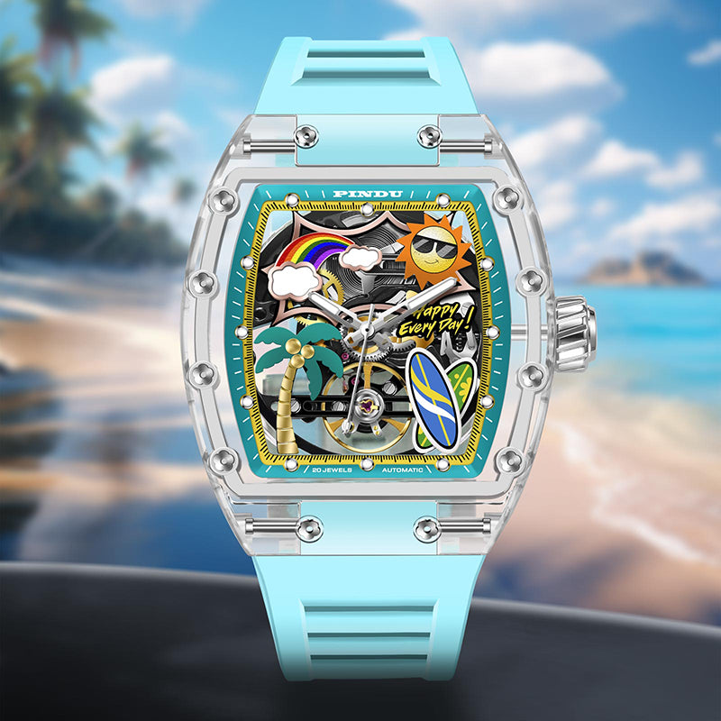 Men Mechanical Watch by PINDU, Unique Dial Design Summer Beach Style, Fashion Waterproof Watch Silicone Strap
