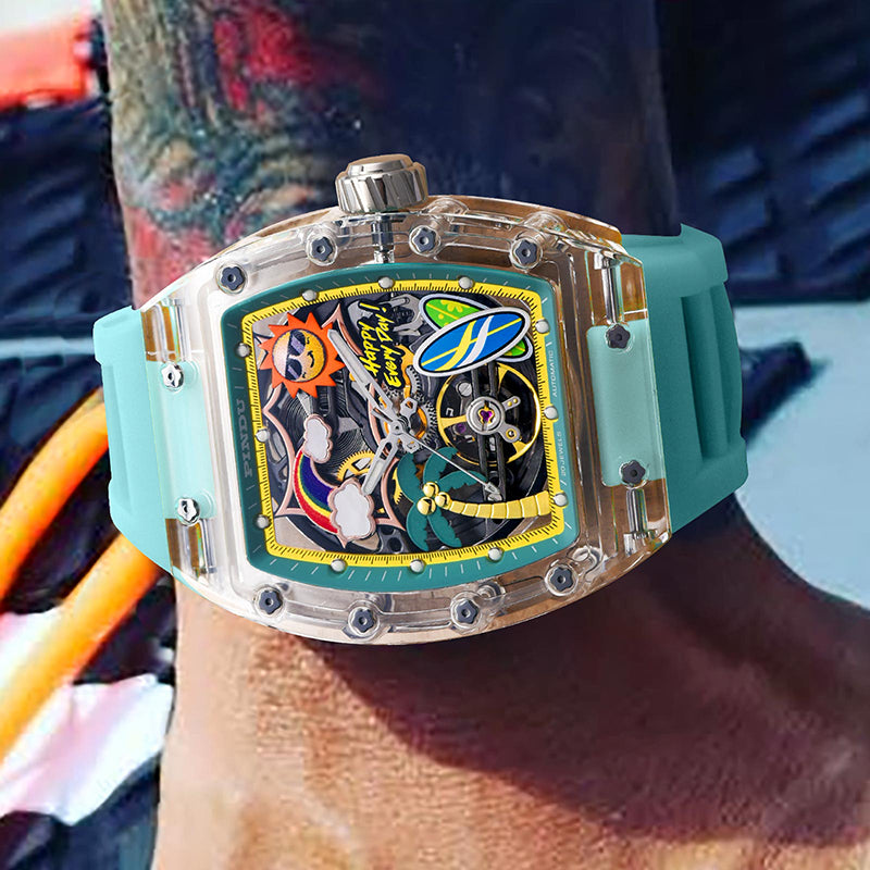 Men Mechanical Watch by PINDU, Unique Dial Design Summer Beach Style, Fashion Waterproof Watch Silicone Strap