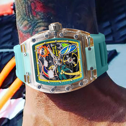 Men Mechanical Watch by PINDU, Unique Dial Design Summer Beach Style, Fashion Waterproof Watch Silicone Strap