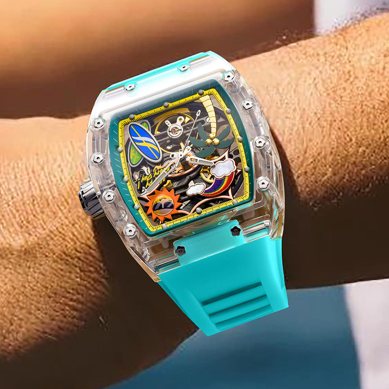 Men Mechanical Watch by PINDU, Unique Dial Design Summer Beach Style, Fashion Waterproof Watch Silicone Strap