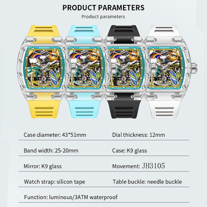Men Mechanical Watch by PINDU, Unique Dial Design Summer Beach Style, Fashion Waterproof Watch Silicone Strap