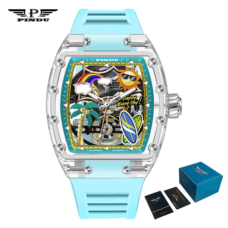 Men Mechanical Watch by PINDU, Unique Dial Design Summer Beach Style, Fashion Waterproof Watch Silicone Strap