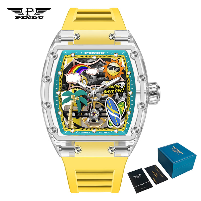 Men Mechanical Watch by PINDU, Unique Dial Design Summer Beach Style, Fashion Waterproof Watch Silicone Strap