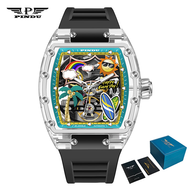 Men Mechanical Watch by PINDU, Unique Dial Design Summer Beach Style, Fashion Waterproof Watch Silicone Strap