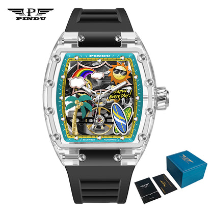 Men Mechanical Watch by PINDU, Unique Dial Design Summer Beach Style, Fashion Waterproof Watch Silicone Strap
