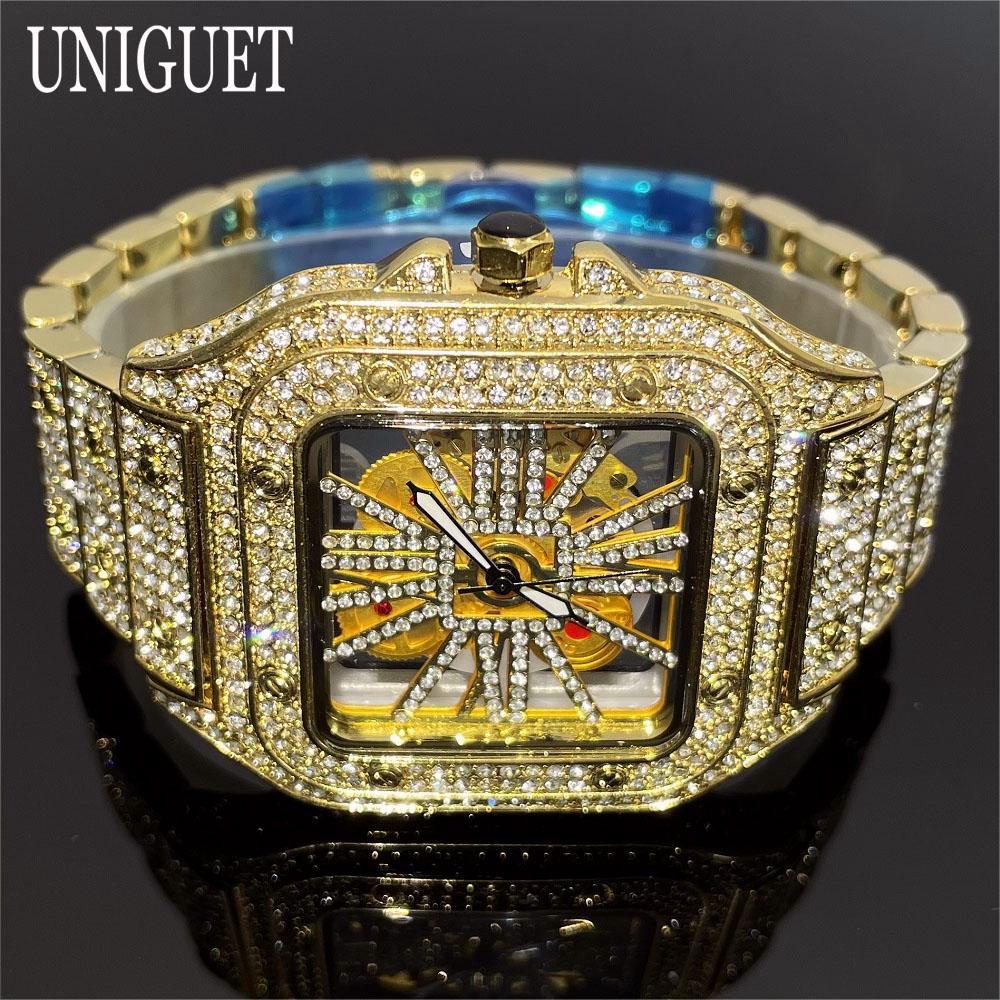Luxury Gold Men Watch, Hip Hop Iced Out Square Quartz Wristwatch, Waterproof Hollow Fashion Clocks Reloj