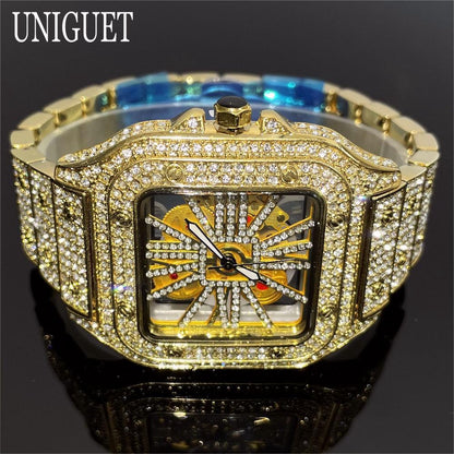 Luxury Gold Men Watch, Hip Hop Iced Out Square Quartz Wristwatch, Waterproof Hollow Fashion Clocks Reloj