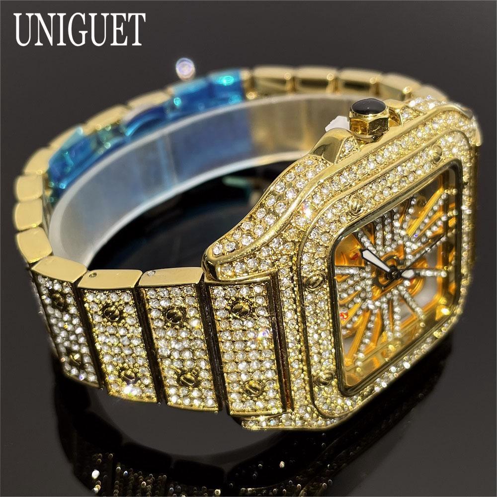 Luxury Gold Men Watch, Hip Hop Iced Out Square Quartz Wristwatch, Waterproof Hollow Fashion Clocks Reloj