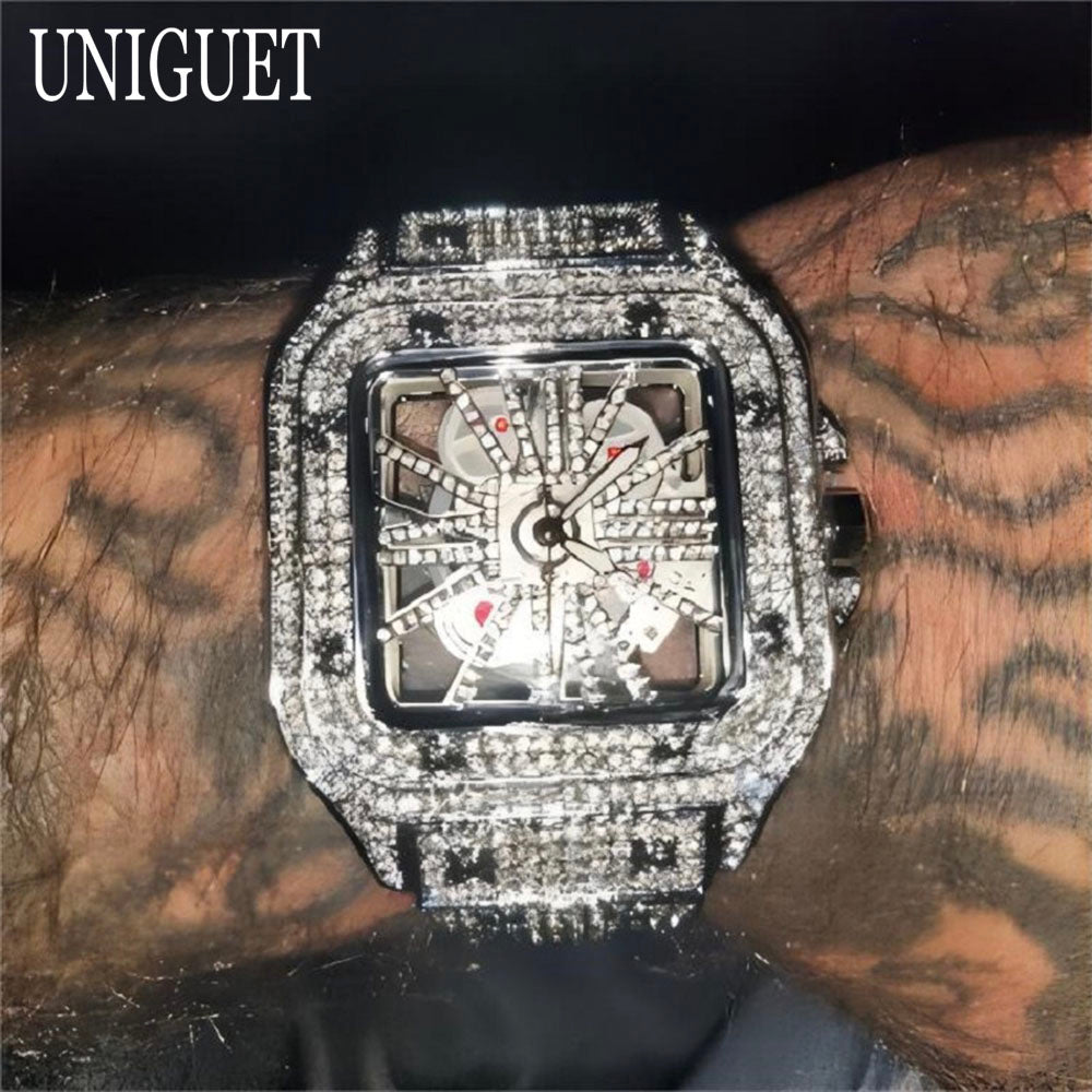 Luxury Gold Men Watch, Hip Hop Iced Out Square Quartz Wristwatch, Waterproof Hollow Fashion Clocks Reloj