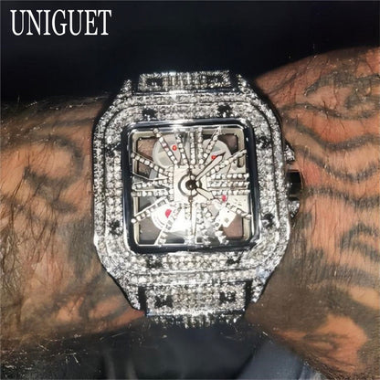 Luxury Gold Men Watch, Hip Hop Iced Out Square Quartz Wristwatch, Waterproof Hollow Fashion Clocks Reloj