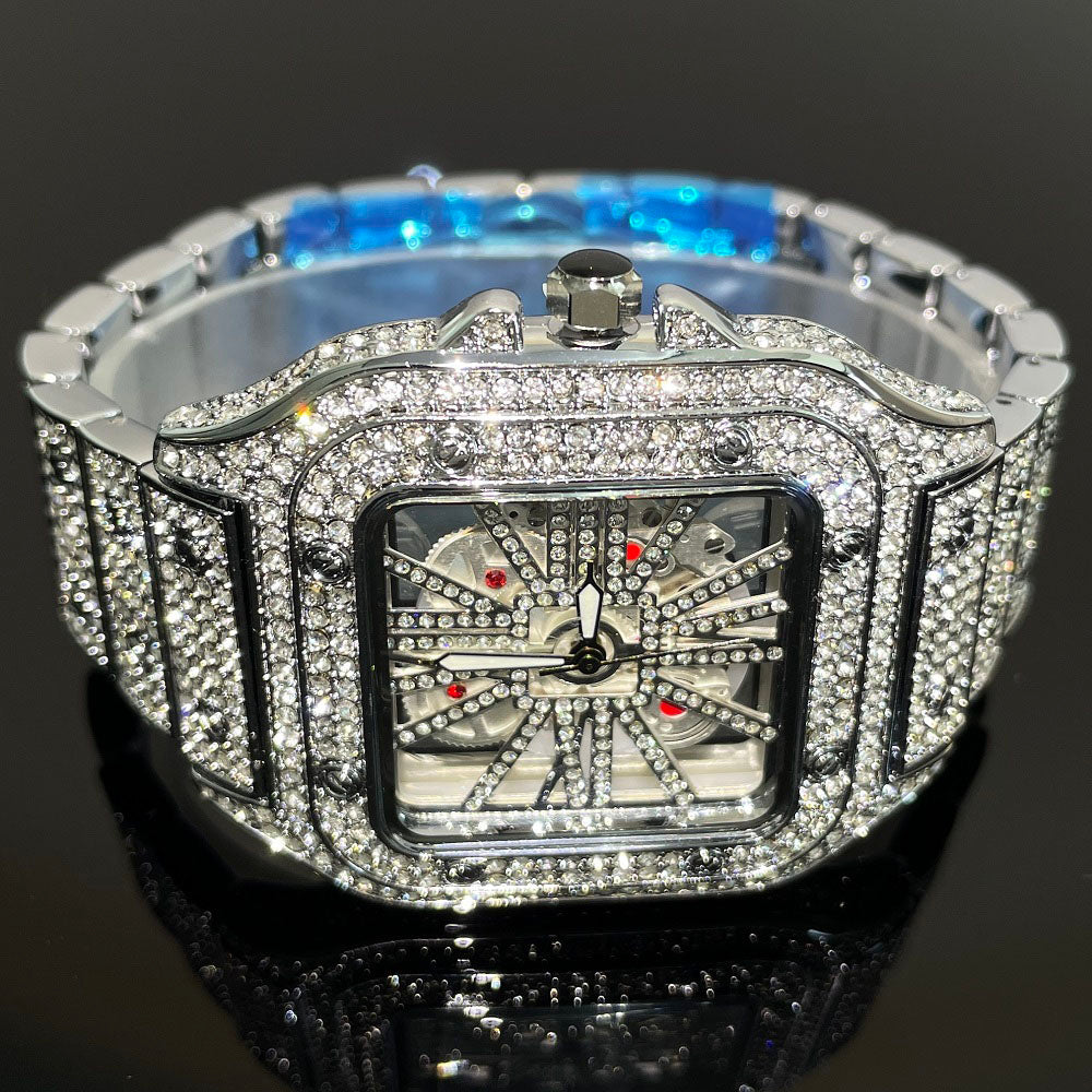 Luxury Gold Men Watch, Hip Hop Iced Out Square Quartz Wristwatch, Waterproof Hollow Fashion Clocks Reloj