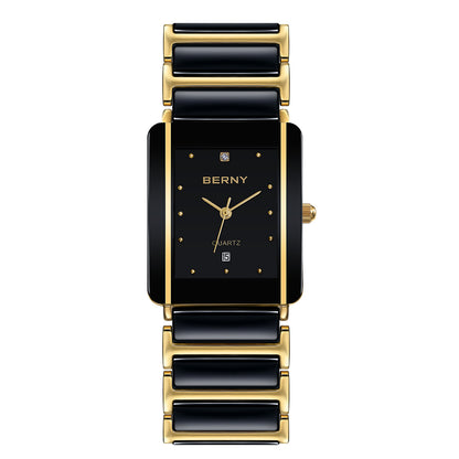 Fashion Luxury Rectangle Wristwatch for Men and Women, Ceramic Quartz Watch, Waterproof Black Gold Couple Gift