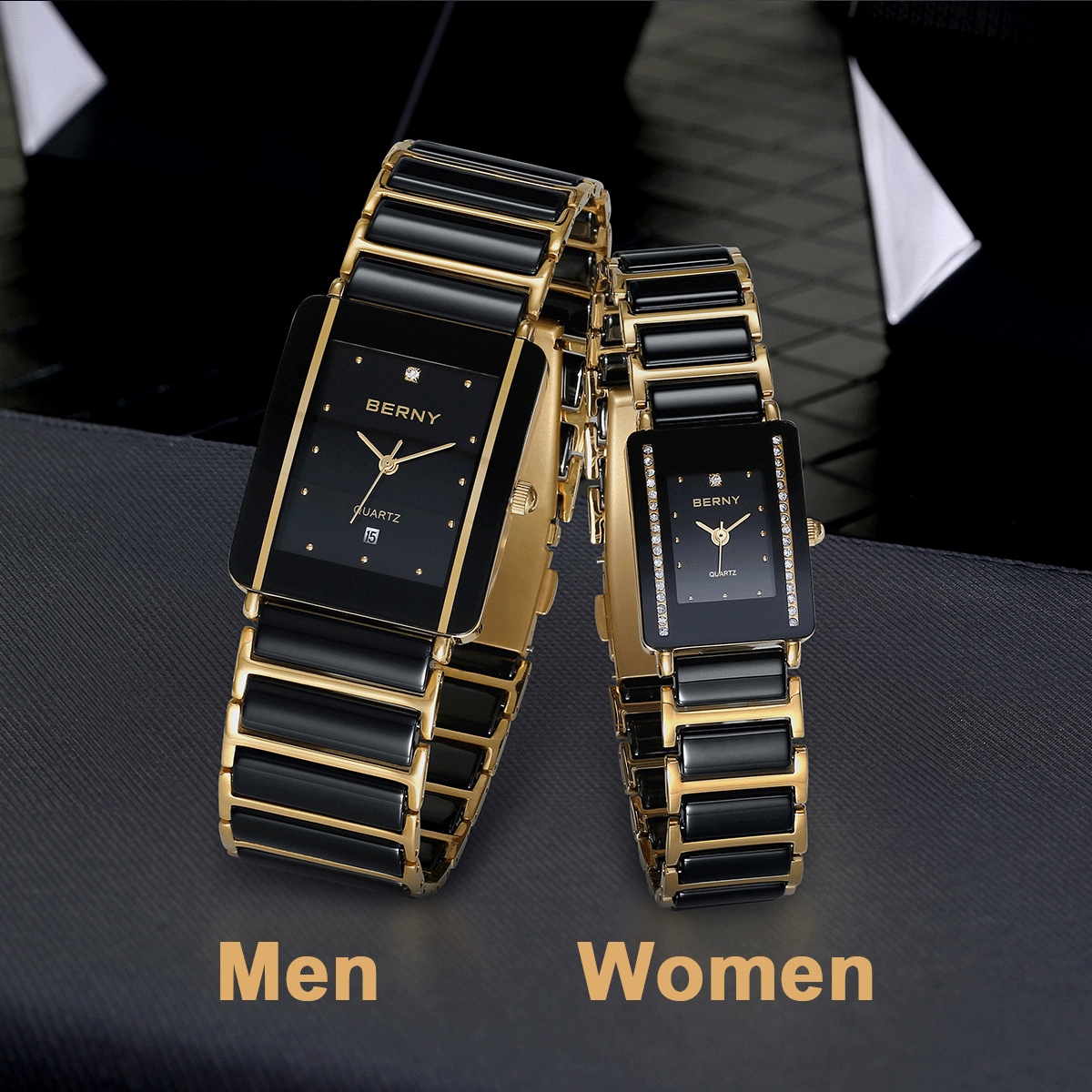 Fashion Luxury Rectangle Wristwatch For Men And Women Ceramic Quartz Watch Waterproof Black Gold Co 4