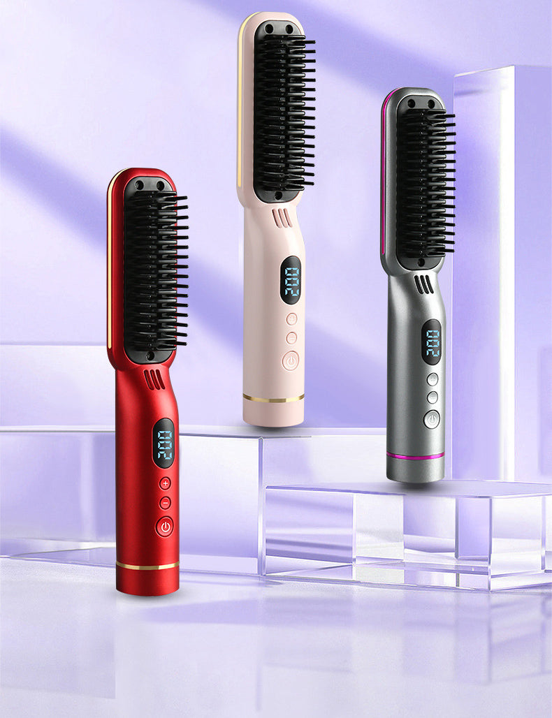 Wireless Hair Styler Negative Ion Comb, Hair Straightener & Curling Comb, LED Screen, Rechargeable Hot Comb Voluminous