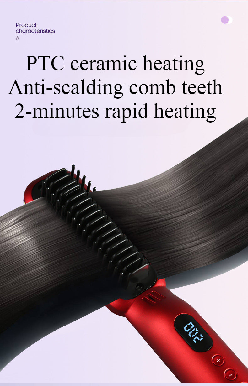 Wireless Hair Styler Negative Ion Comb, Hair Straightener & Curling Comb, LED Screen, Rechargeable Hot Comb Voluminous