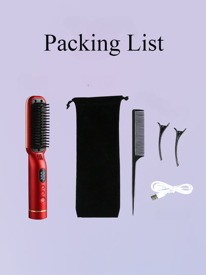 Wireless Hair Styler Negative Ion Comb, Hair Straightener & Curling Comb, LED Screen, Rechargeable Hot Comb Voluminous