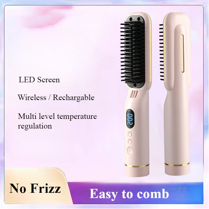 Wireless Hair Styler Negative Ion Comb, Hair Straightener & Curling Comb, LED Screen, Rechargeable Hot Comb Voluminous