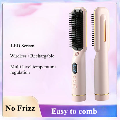 Wireless Hair Styler Negative Ion Comb, Hair Straightener & Curling Comb, LED Screen, Rechargeable Hot Comb Voluminous
