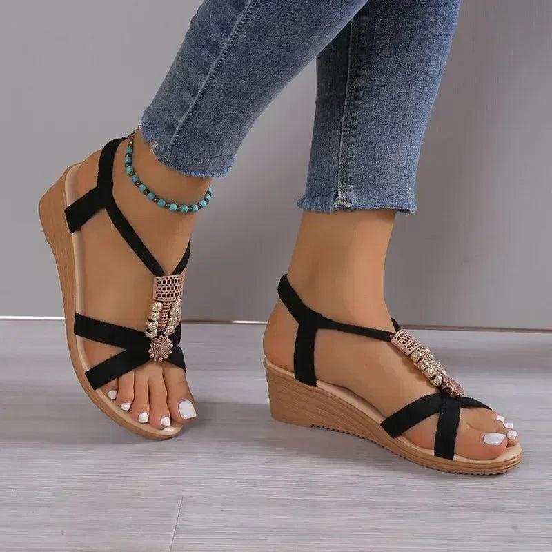 Round Toe Wedge Heel Metal Decorated Fashionable Womens Shoes Flat Wearresistant Comfortable Casual 1
