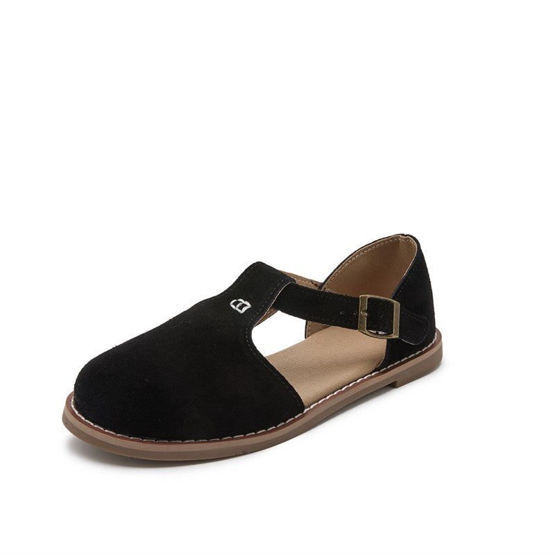 FlatSoled Retro Frosted Genuine Leather Womens Sandals Hollow Roman Baotou Sandals For Women Adjust 5