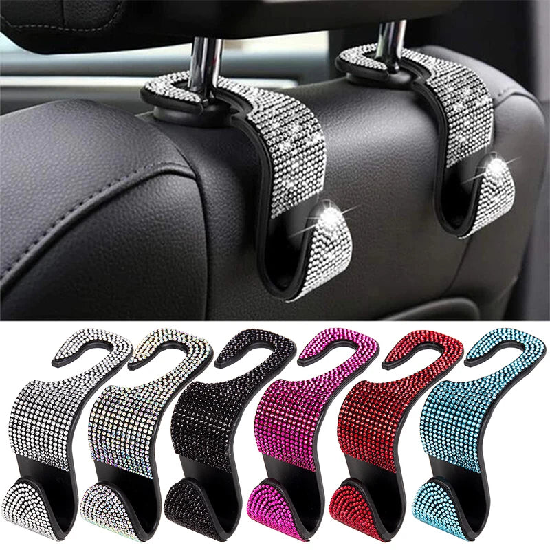Car Seat Back Hook with Rhinestones, Multifunction Headrest Storage Holder, Hanging Organizer for Auto Accessories