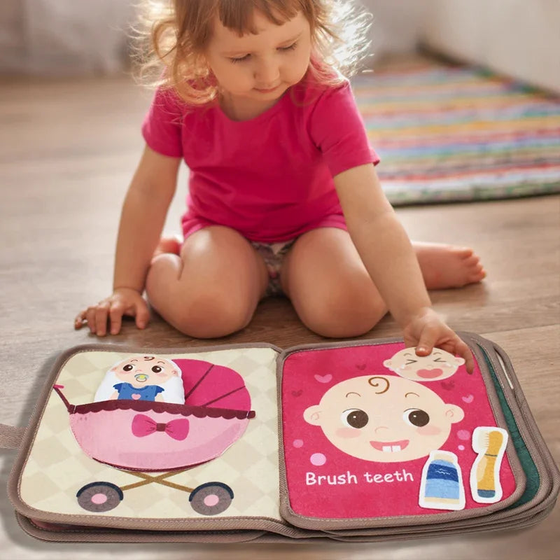 Baby Montessori Busy Book, Early Education Cloth Books with Animal Puzzle Toy, Sensory Fabric Book & Repeated Paste