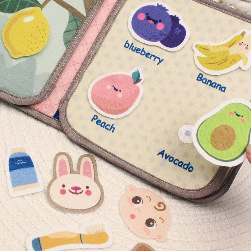 Baby Montessori Busy Book, Early Education Cloth Books with Animal Puzzle Toy, Sensory Fabric Book & Repeated Paste
