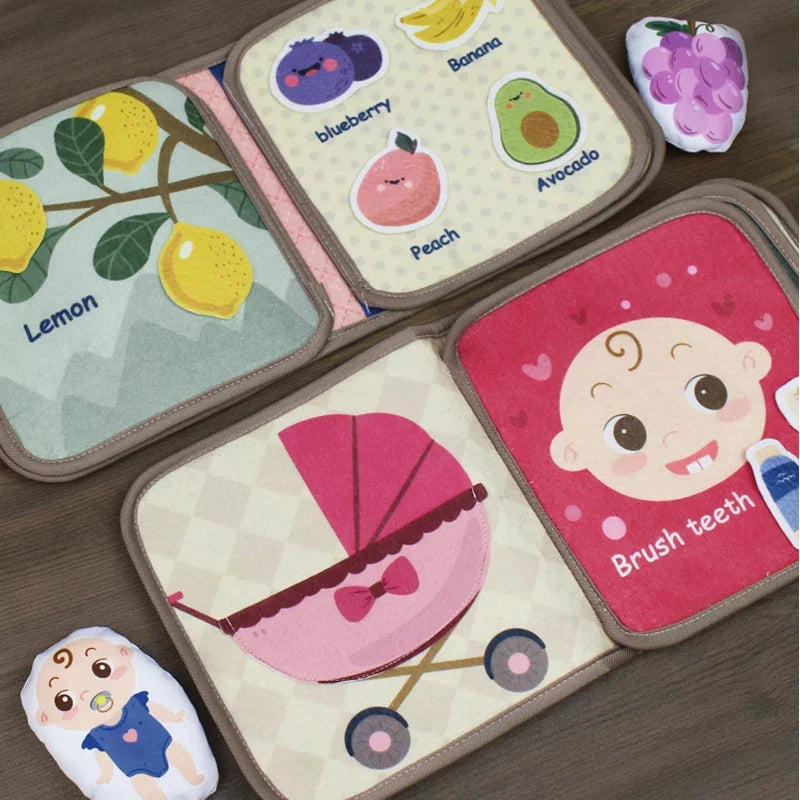 Baby Montessori Busy Book, Early Education Cloth Books with Animal Puzzle Toy, Sensory Fabric Book & Repeated Paste