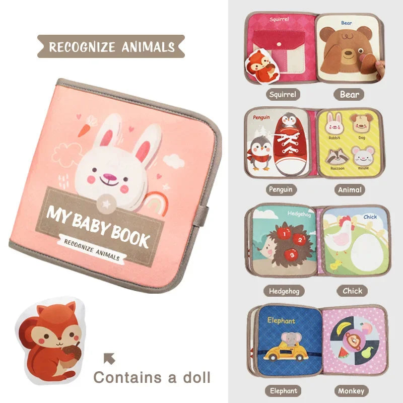 Baby Montessori Busy Book, Early Education Cloth Books with Animal Puzzle Toy, Sensory Fabric Book & Repeated Paste