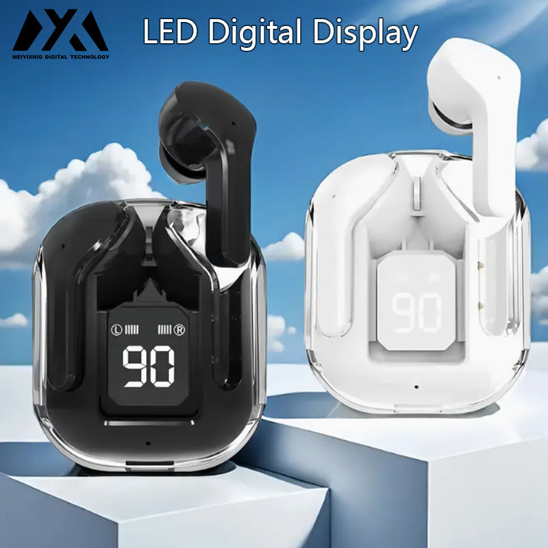 Air31 Wireless Headphones LED Power Display, Crystal Earphones with Mic, 200mAh Charging Case, Stereo Audio