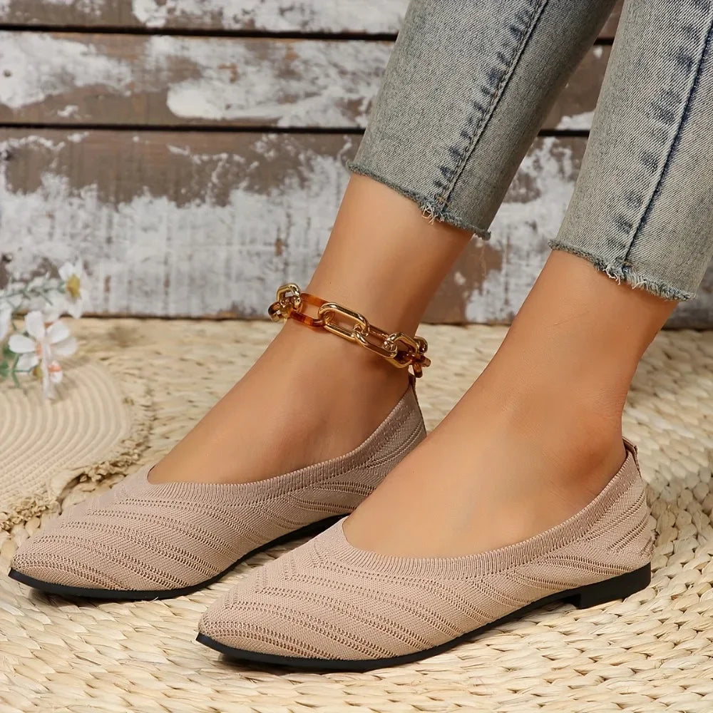 Women Pointed Toe Flat Shoes Solid Color Knitted Slip On Loafers | Casual Breathable Ballet Flats for Women