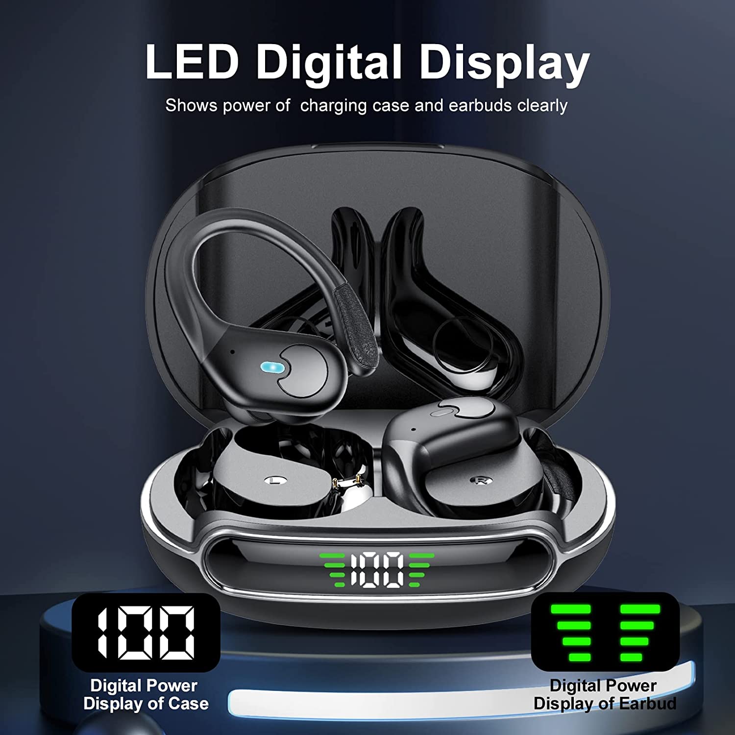 Bluetooth TWS Sports Earphones, True Wireless Headphones with LED Display, Waterproof Noise Reduction Earbuds