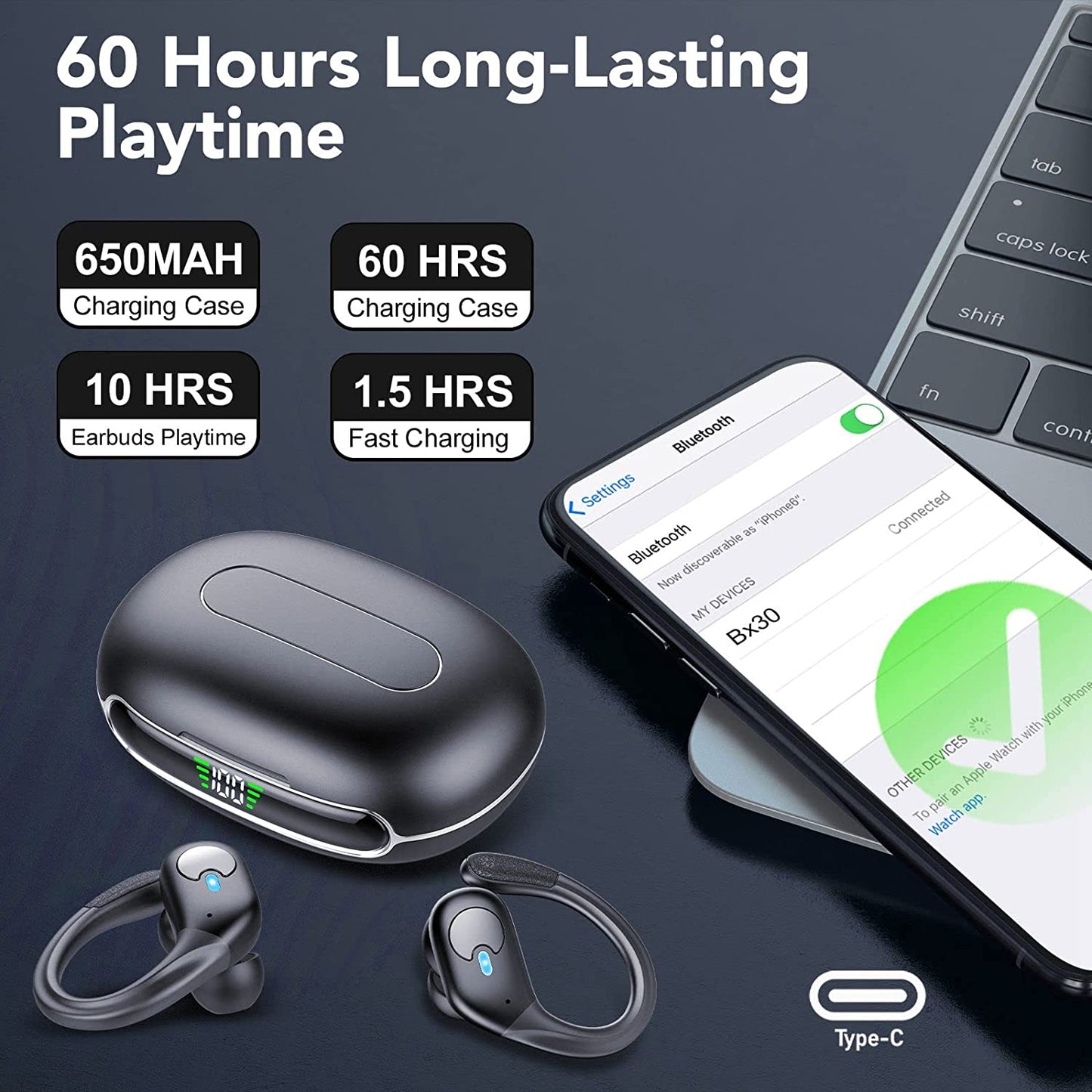 Bluetooth TWS Sports Earphones, True Wireless Headphones with LED Display, Waterproof Noise Reduction Earbuds