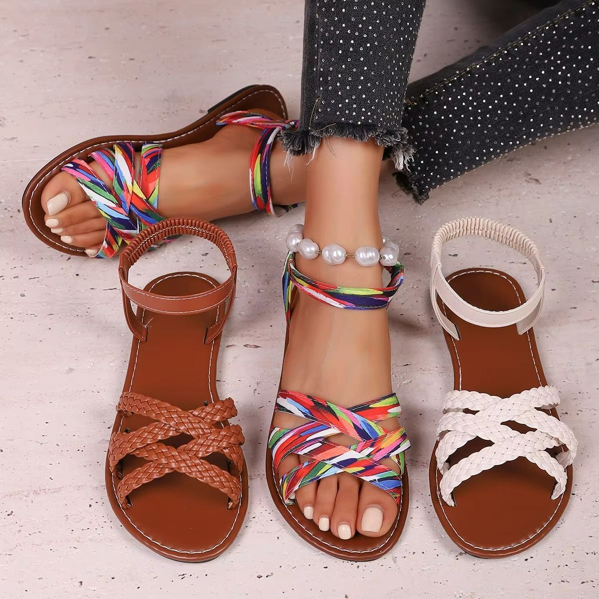 Summer Strap Non Slip Rubber Sole Roman Strap Flat Sandals For Women 5