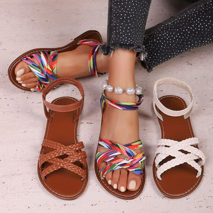 Summer Strap Non Slip Rubber Sole Roman Strap Flat Sandals For Women 5