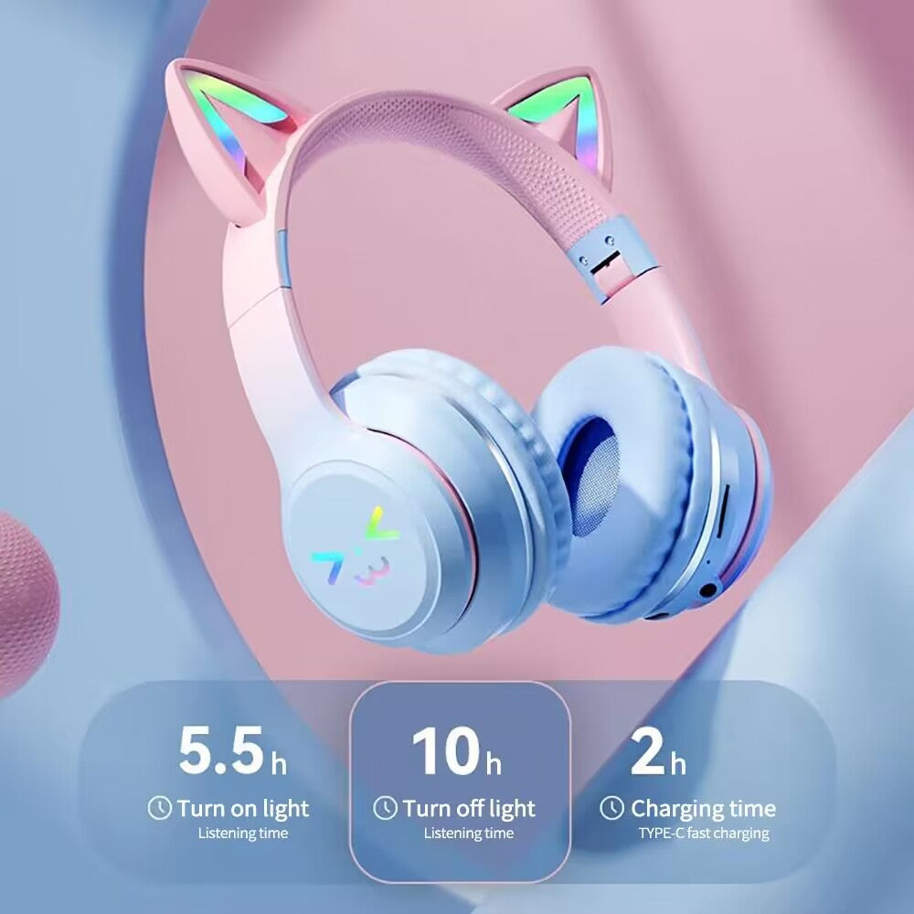 Wireless Cat Ear Headphones Bluetooth RGB Glow, Gaming Headset with Cable, Original Earphones for Smartphone PC Sport