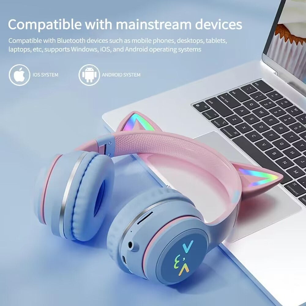 Wireless Cat Ear Headphones Bluetooth RGB Glow, Gaming Headset with Cable, Original Earphones for Smartphone PC Sport