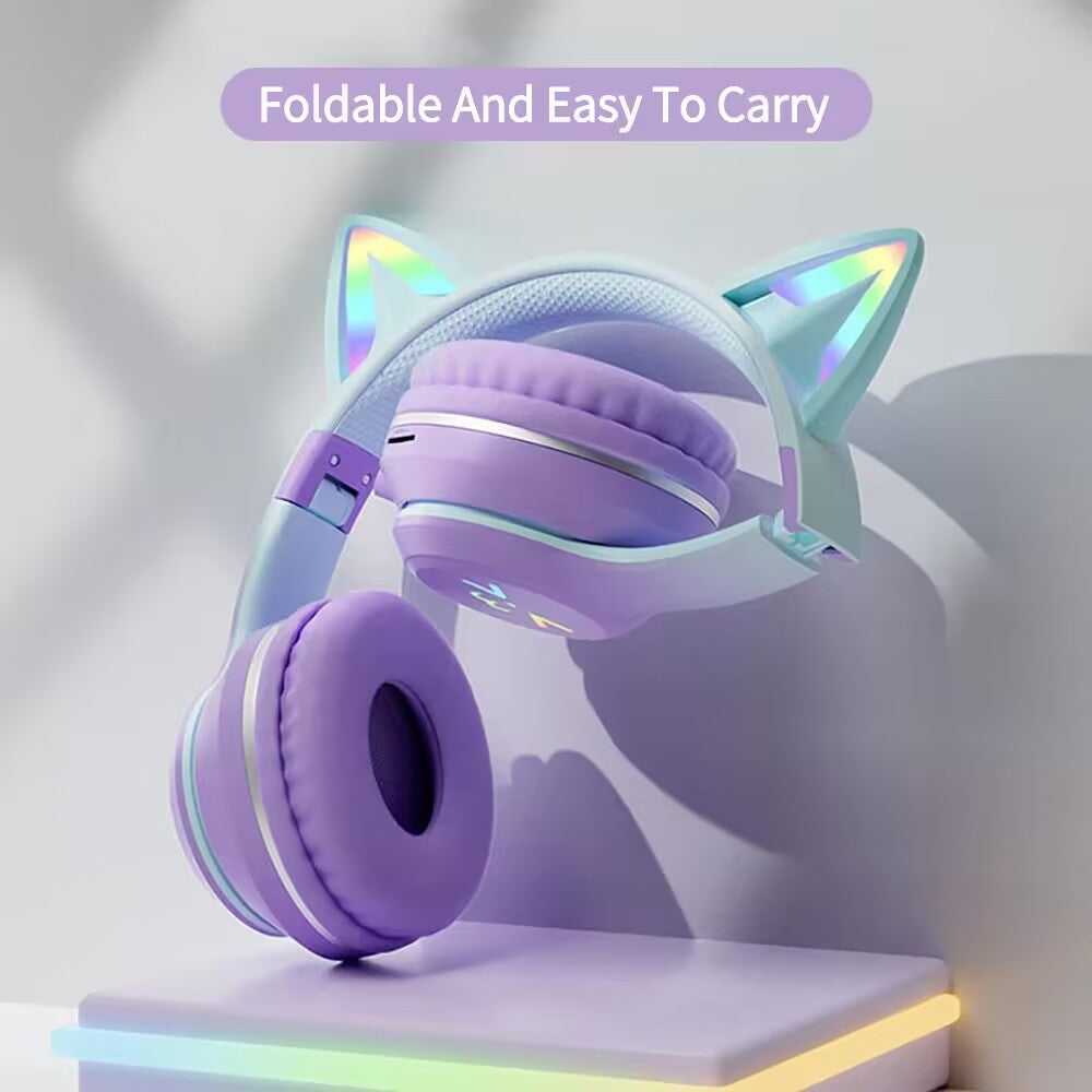 Wireless Cat Ear Headphones Bluetooth RGB Glow, Gaming Headset with Cable, Original Earphones for Smartphone PC Sport