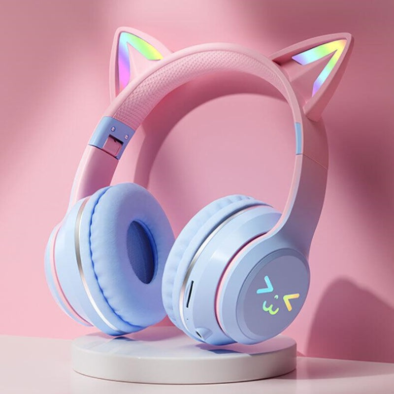 Wireless Cat Ear Headphones Bluetooth RGB Glow, Gaming Headset with Cable, Original Earphones for Smartphone PC Sport
