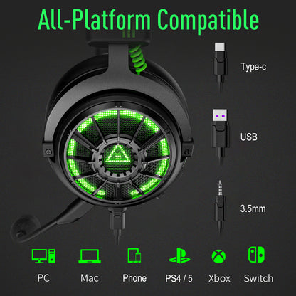 EKSA Pro Gaming Headset, USB Type C 3.5mm, 7.1 Wired Headphones with ENC Mic for PC PS4 Xbox Switch