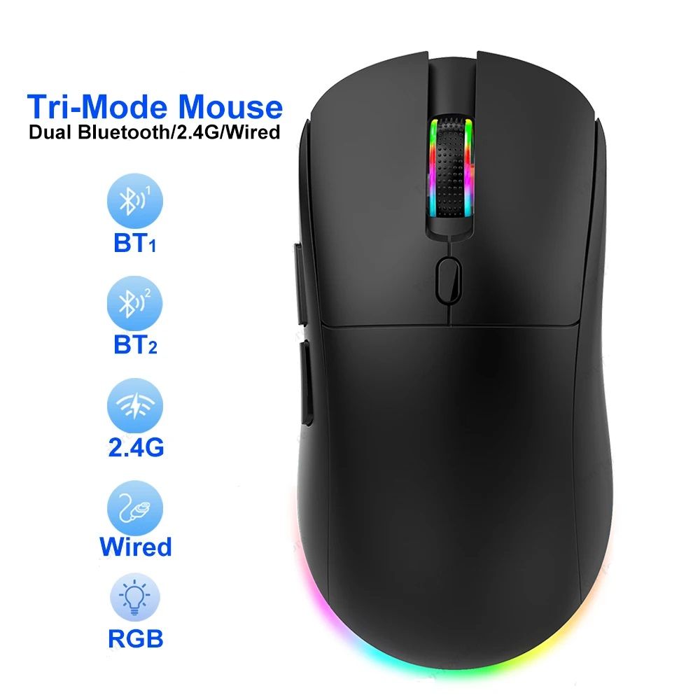 Wireless RGB Gaming Mouse – 6 Button 4800DPI Tri-Mode (Bluetooth 5.3/2.4G/USB) for PC, Laptop, Tablet