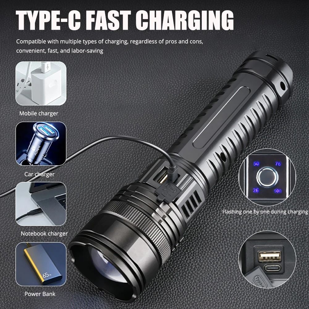 Long Range Rechargeable Tactical Flashlight With 15000 MAh Battery And Zoom Beam 1