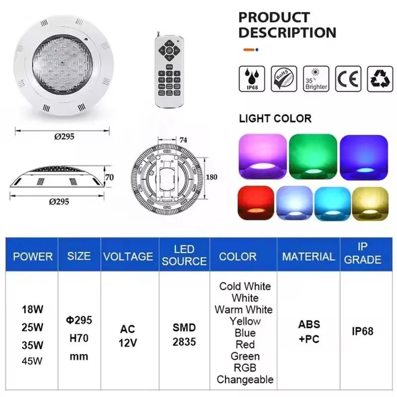 LED RGB Underwater Swimming Pool Light With Remote Control And Multiple Watt Options AC12V Waterpro 1