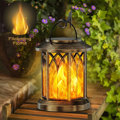2 Pack Outdoor Flickering Flame Solar Lanterns with Hanging Design for Garden Patio or Pathway Lighting