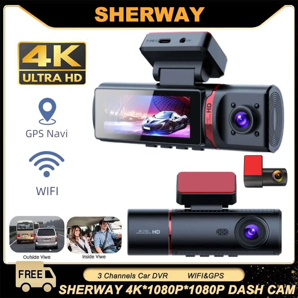 3 Channel 4K Dash Cam with Inside and Rear Lens GPS Video Recorder and UHD Camcorder for Full Vehicle Coverage