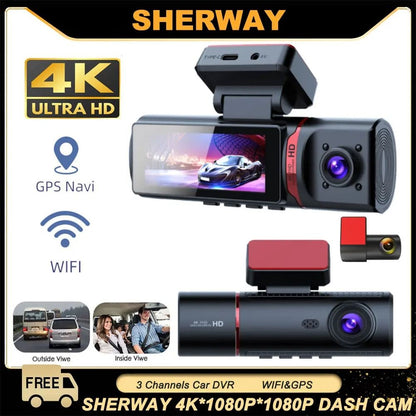 3 Channel 4K Dash Cam with Inside and Rear Lens GPS Video Recorder and UHD Camcorder for Full Vehicle Coverage