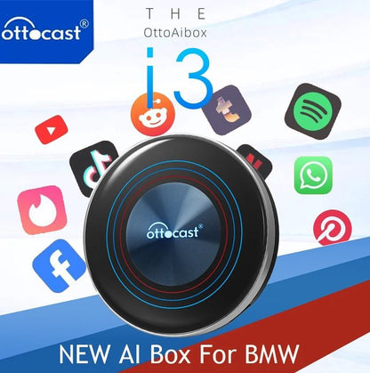 OTTOCAST i3 CarPlay AI Box with Android 13 Wireless Adapter and Video Streaming Support for BMW MG Hyundai and More