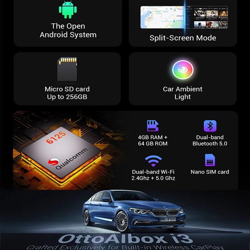 OTTOCAST I3 CarPlay AI Box With Android 13 Wireless Adapter And Video Streaming Support For BMW MG  2