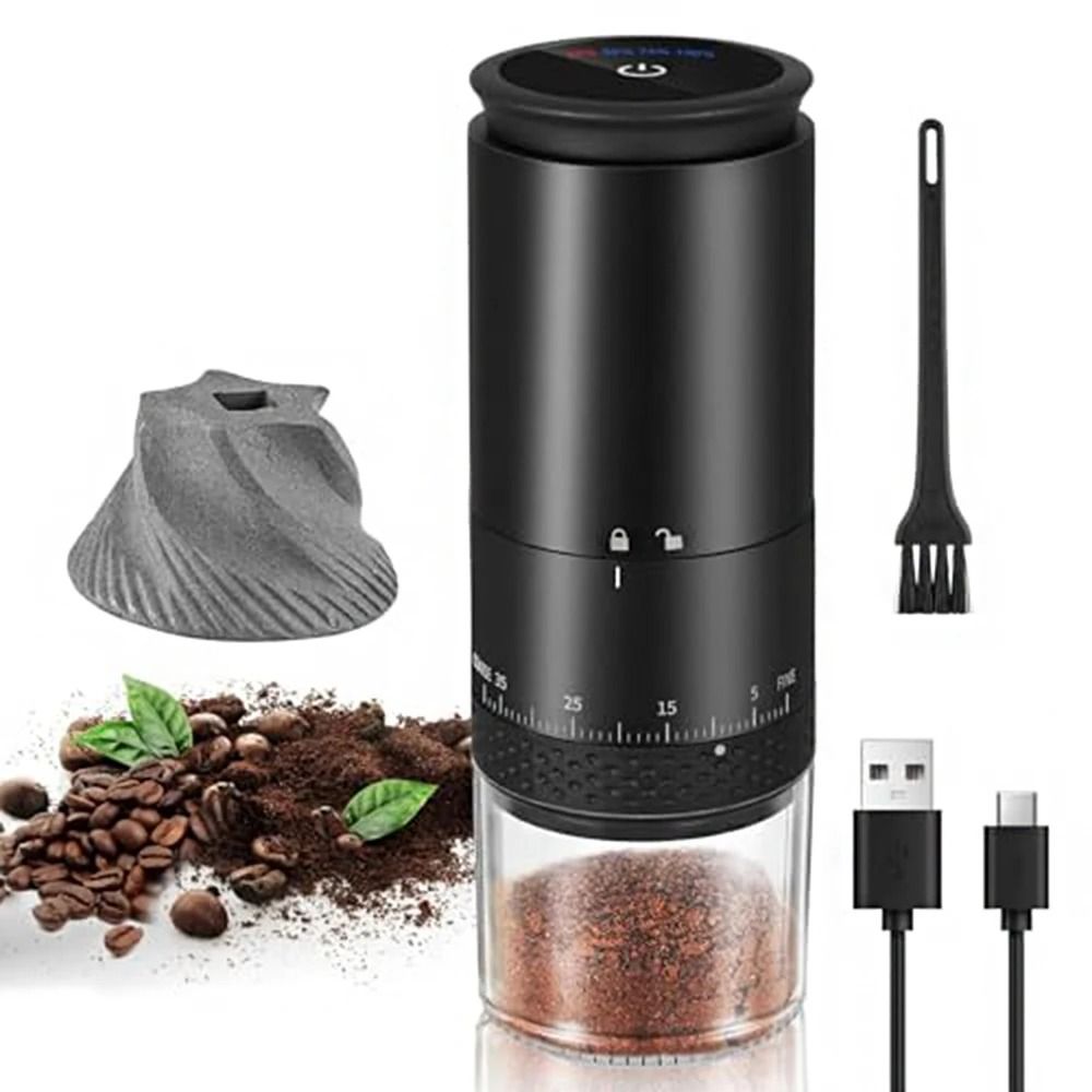 Electric Coffee Grinder with 1500mAh Battery and Adjustable Burrs for Fresh Bean Grinding and Type C Charging