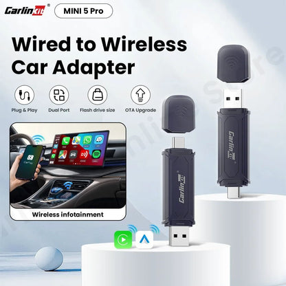 Carlinkit Mini 5 and 5 Pro Wireless Carplay Android Auto Adapter for Car Smart System Upgrade with Bluetooth and WiFi